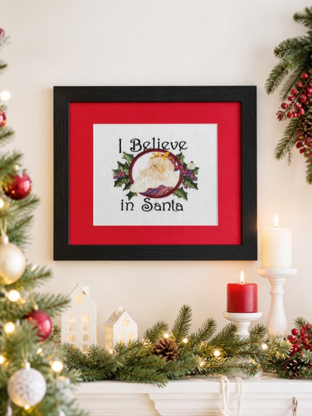 Framed cross-stitch Santa Claus "I Believe  in Santa" Christmas Wall Decor